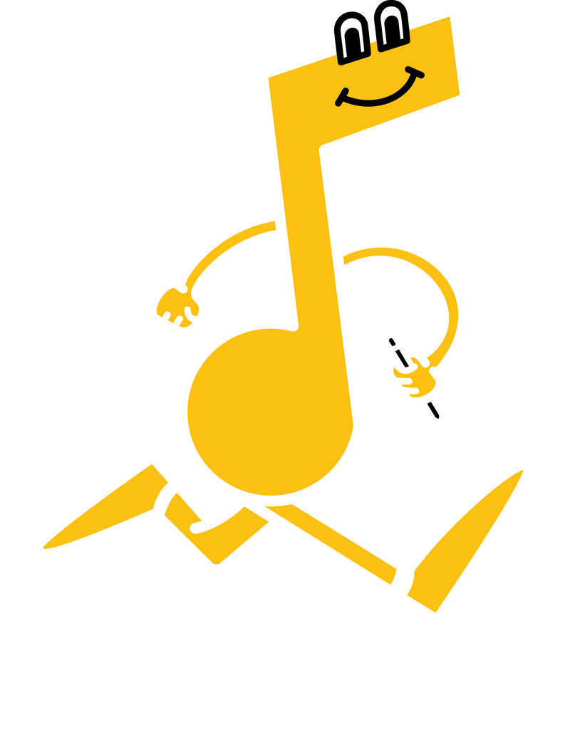 The music note logo. A smiling music note holding a pencil and running